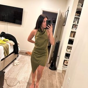 Olive green asymmetrical high neck mini dress size small